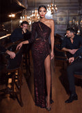 Sheath One-Shoulder Long Sleeves Sweep Train Sequined Evening Dresses With Sequins