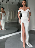 Simple Off-the-Shoulder Slit Wedding Dresses With Botton