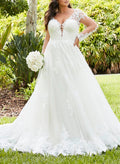 Ball-Gown V-Neck Sweep Train Plus Size Wedding Dresses With Appliques Lace