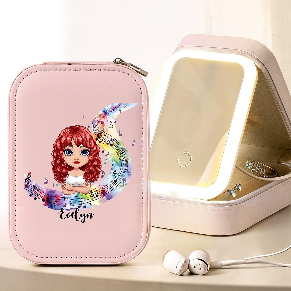 Acuarela personalizada Nota Musical Personaje de dibujos animados Joyero de cuero con LED de tres colores Espejo ajustable Regalo de cumpleaños para las mujeres
