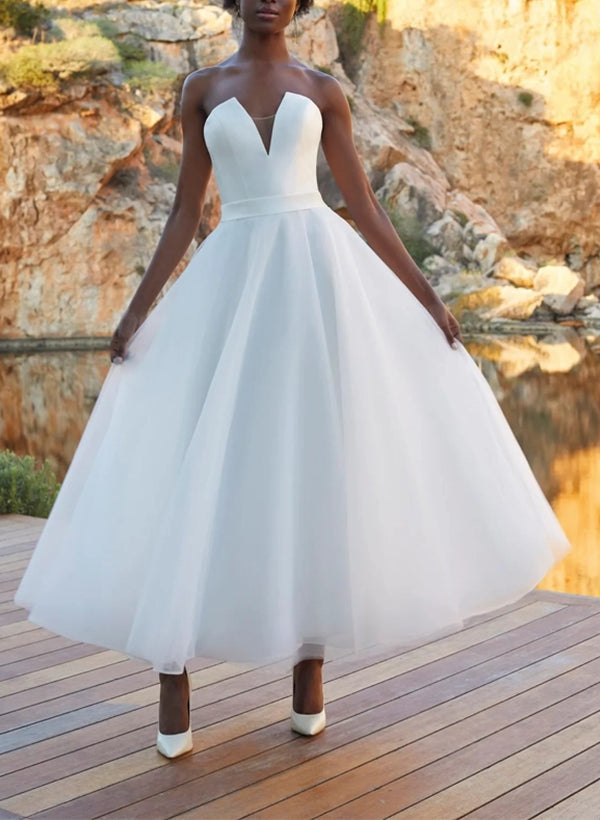 A-Line Sweetheart Sweet Ankle-Length Tulle/Elastic Satin Wedding Dresses