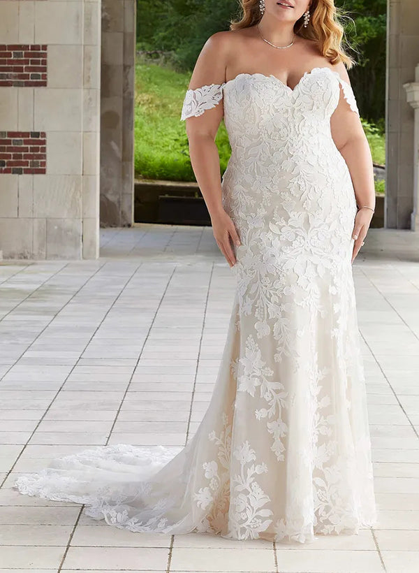 Trumpet/Mermaid Off-The-Shoulder Elegant Court Train Lace/Tulle Wedding Dresses