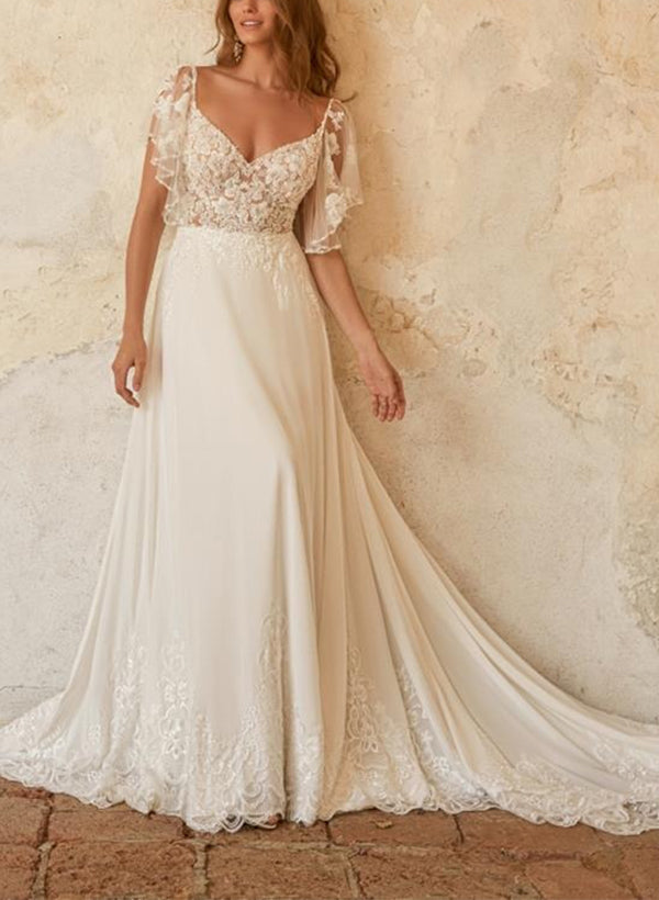 A-Line V-Neck Elegant Lace/Tulle Stretch Chiffon Wedding Dresses With Removable Sleeves