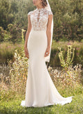 Trumpet/Mermaid High Neck Luxury Lace/Elastic Satin Wedding Dresses
