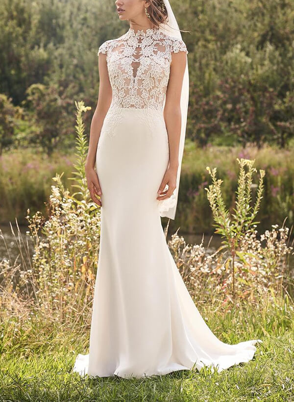Trumpet/Mermaid High Neck Luxury Lace/Elastic Satin Wedding Dresses