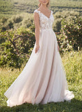 A-Line V-neck Short Sleeves Sweet Court Train Lace/Tulle Wedding Dresses