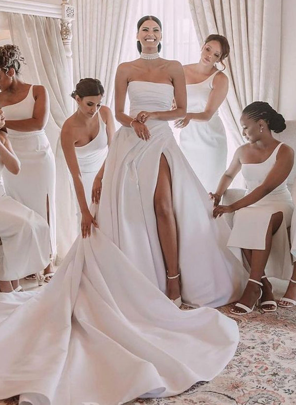 A-Line Strapless Cathedral Train Elegant Satin Wedding Dresses With Split Front