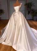 Dreamy Bead Accented One-Shoulder Luxury Satin Wedding Dresses With Overskirt