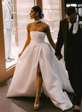 Ball-Gown Strapless Court Train Satin Wedding Dresses With Split Front