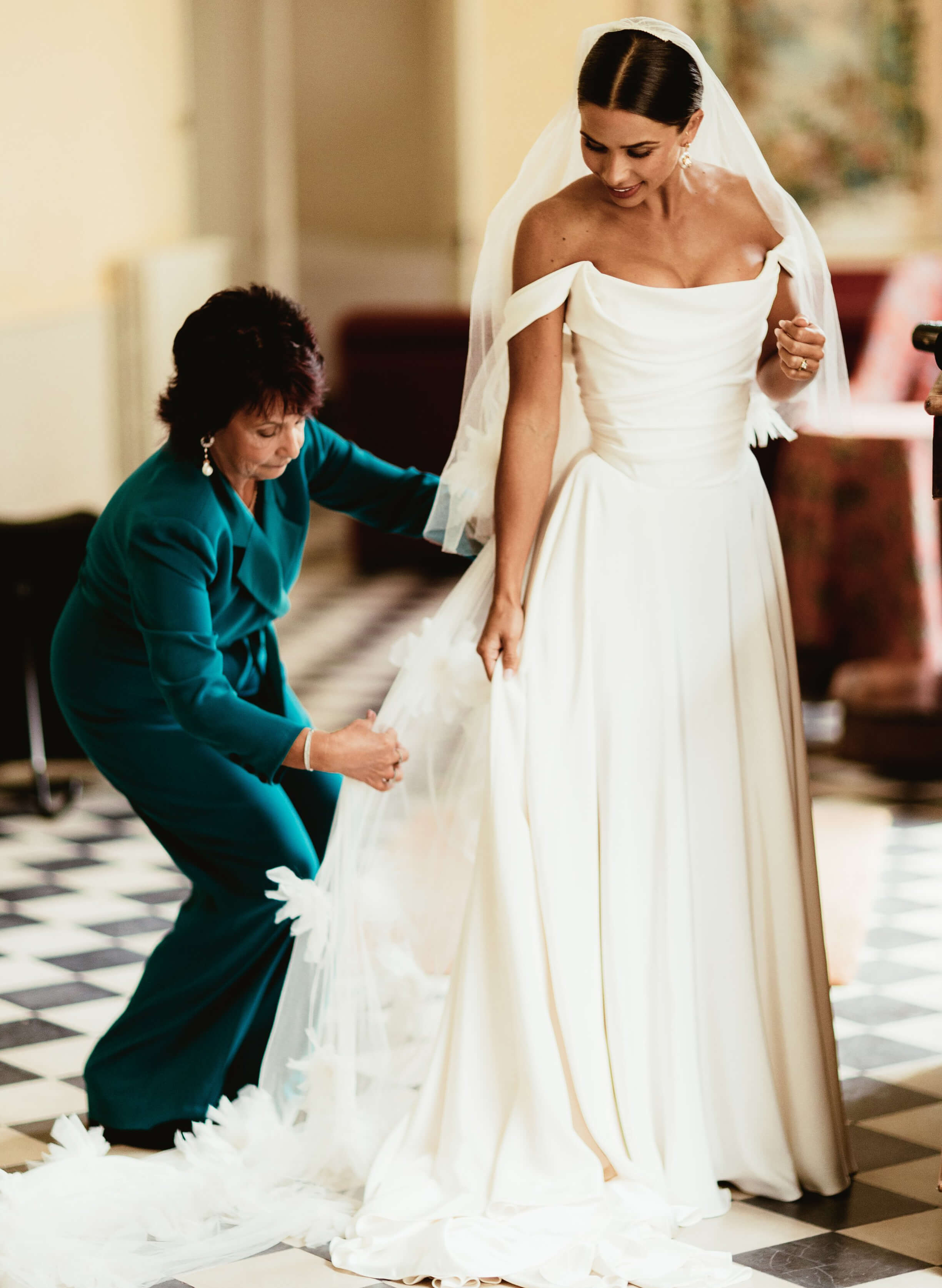 A-Line Off-The-Shoulder Sleeveless Court Train Stretch Satin BRIDE With Ruffle