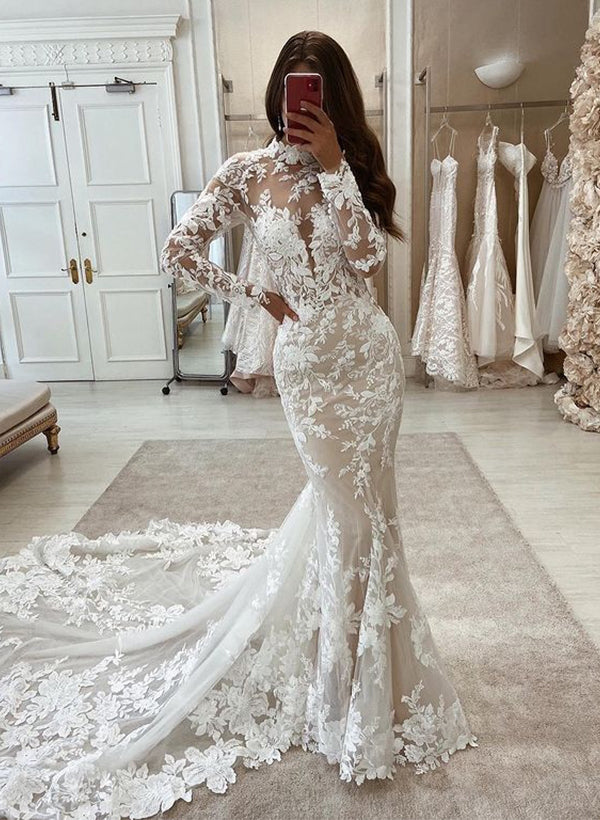 Trumpet/Mermaid Luxury High Neck Vintage Long Sleeves Lace/Tulle Wedding Dresses