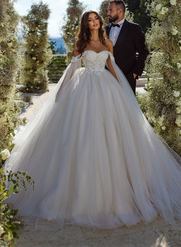 Ball-Gown Off-The-Shoulder Long Sleeves Elegant Lace/Tulle Wedding Dresses