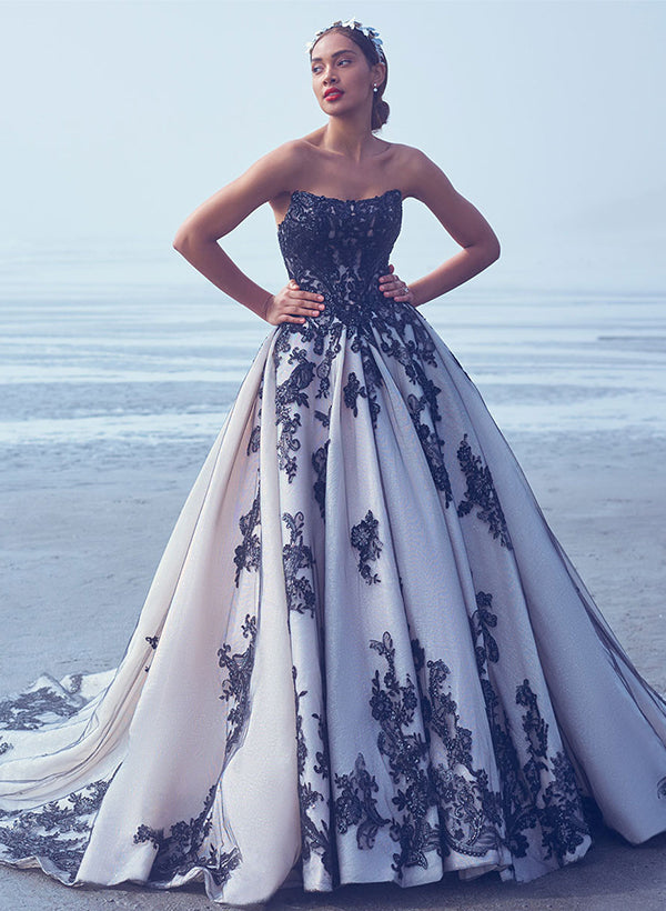 Luxury Ball-Gown Strapless Lace/Tulle Black Wedding Dresses With Appliques Lace