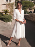 A-Line V-Neck 3/4 Sleeves Tea-Length Chiffon Short Wedding Dresses
