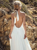 A-Line V-Neck Sleeveless Elegant Sweep Train Open Back Chiffon Wedding Dresses