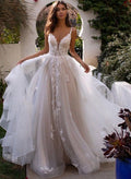 Princess Lace V-Neck Backless Wedding Dresses With Cascading Ruffles