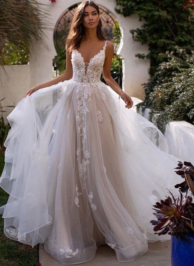 Princess Lace V-Neck Backless Wedding Dresses With Cascading Ruffles