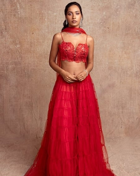 Red Tulle Lehenga With Dupatta By KYNAH, Luxury Indian Fashion & Bridal Wear