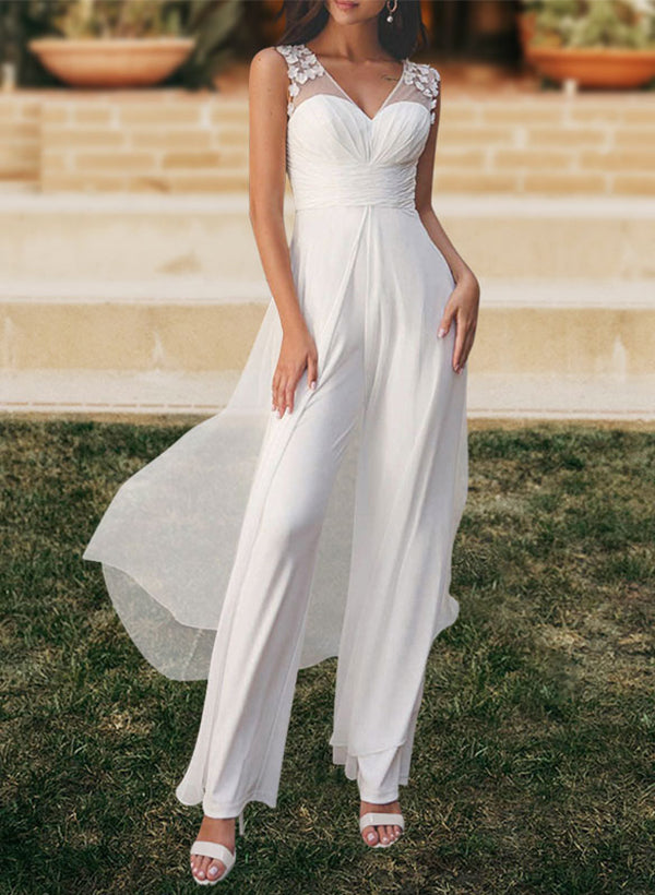 Jumpsuit/Pantsuit V-Neck Chiffon Wedding Dresses With Appliques Lace
