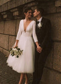 A-Line Vintage Elastic Satin/Tulle Wedding Dresses With Deep V-Neck 3/4 Sleeves