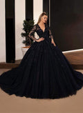 Black Ball-Gown V-Neck Long Sleeve Tulle Wedding Dresses With Appliques Lace