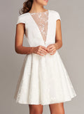 Sweet A-Line Illusion Neck Short Elastic Satin Wedding Dresses With Appliques Lace