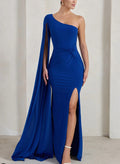 Sheath/Column One-Shoulder Long Sleeves Elastic Satin Evening Dresses With Split Front