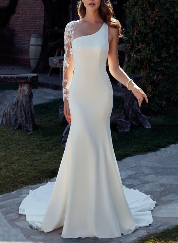 Mermaid Long Sleeves Court Train Elastic Satin Wedding Dresses With Appliques Lace