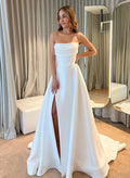Ball-Gown Strapless Sleeveless Court Train Satin Wedding Dresses With Split Front
