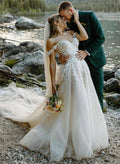 A-Line Off-the-Shoulder Vintage Tulle Wedding Dresses With Appliques Lace