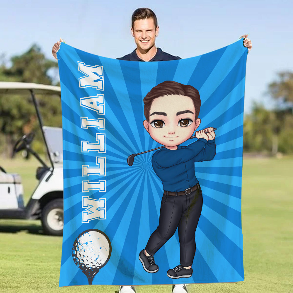 Jugador de golf de dibujos animados personalizado Manta suave multicolor con nombre Decoración del hogar Cumpleaños Equipo Día del partido Regalo para entusiastas del golf