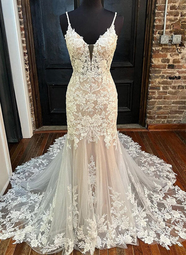 Trumpet/Mermaid V-Neck Backless Vintage Cathedral Train Lace/Tulle Wedding Dresse
