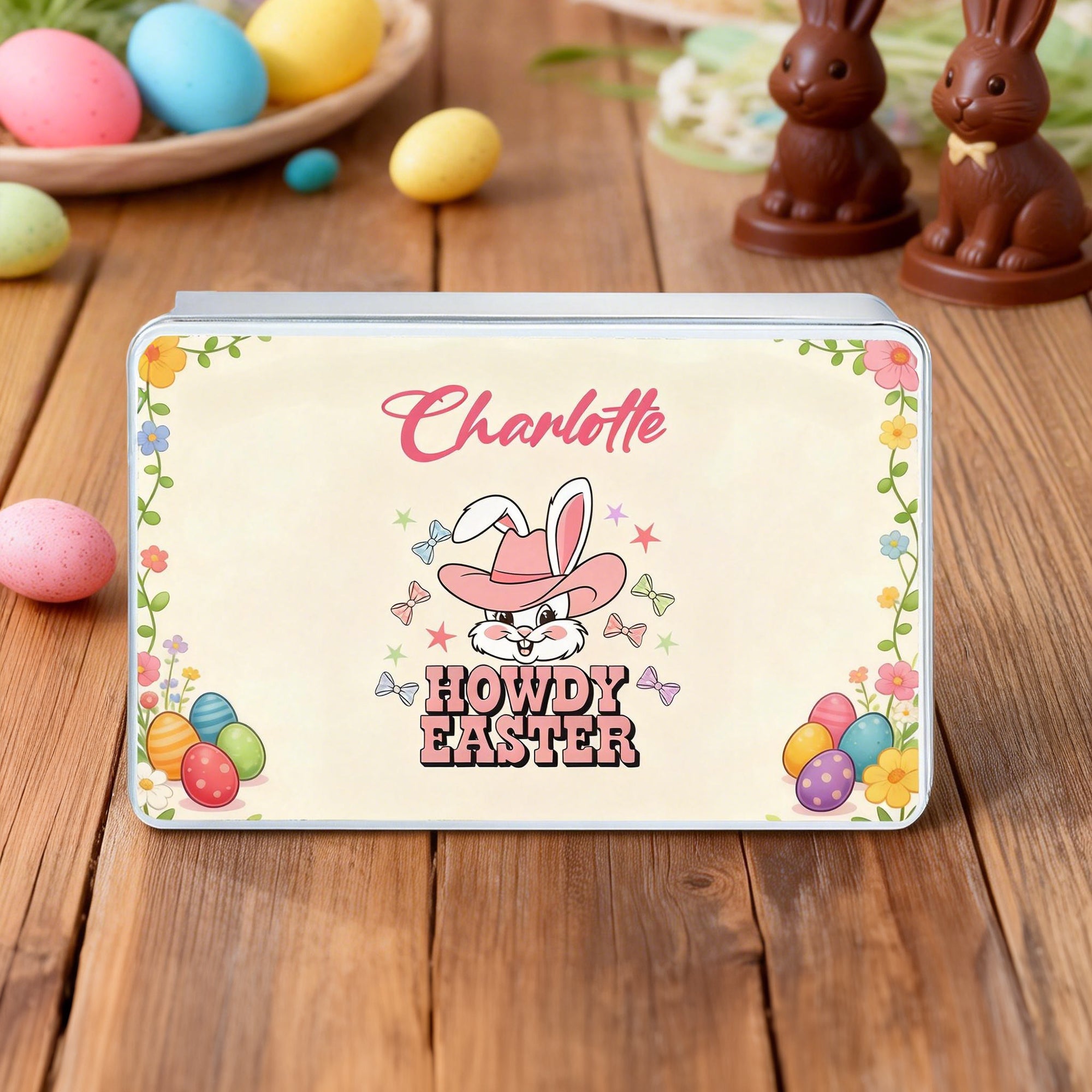 Personalizado Howdy Pascua lindo conejito de Pascua caja de galletas de Pascua con el nombre de Pascua Fiesta de Pascua regalo para los niños