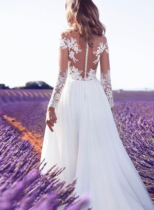 A-Line V-Neck Long Sleeves Elegant Chiffon/Lace Wedding Dresses With Split Front