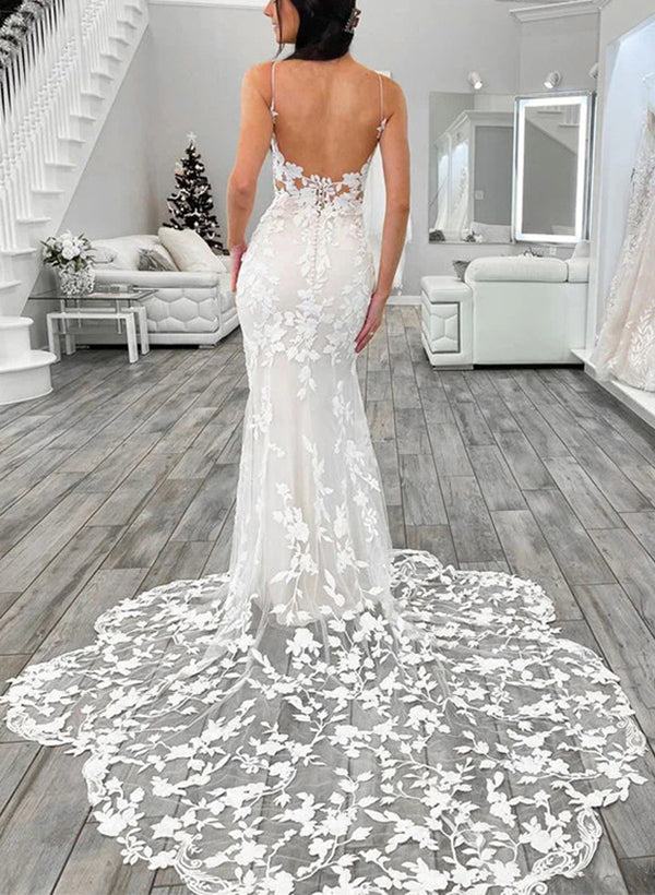 Trumpet/Mermaid V-Neck Sleeveless Backless Sexy Tulle Wedding Dresses With Appliques Lace