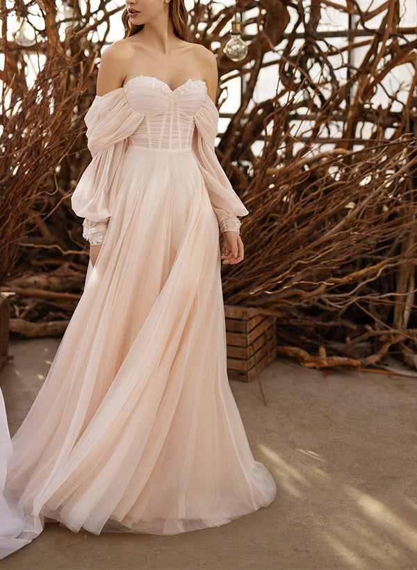 Boho A-Line Sweetheart 3/4 Sleeves Sweep Train Tulle Wedding Dresses