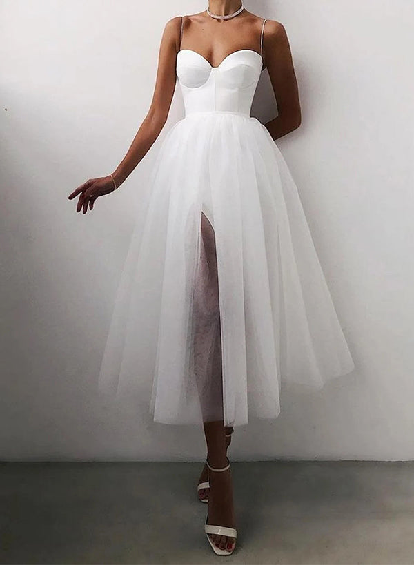 A-Line Sweetheart Little White Tulle Wedding Dresses With Split Front