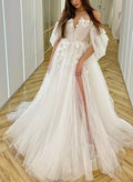 Boho A-Line Off-The-Shoulder Tulle Wedding Dresses With Appliques Lace