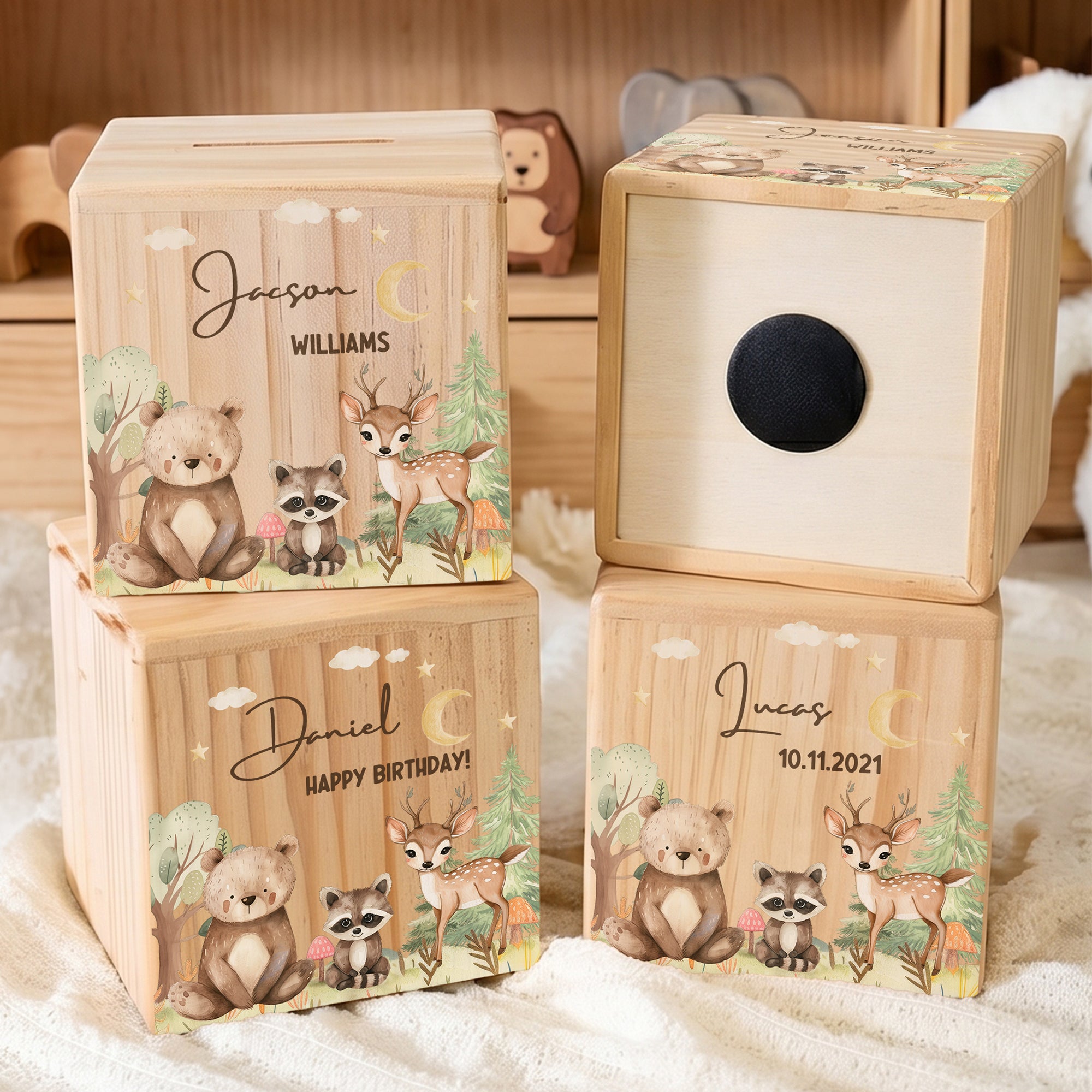 Hucha de madera de animales del bosque personalizada con nombre Cumpleaños Día del niño Regalo para niños Niñas Niños