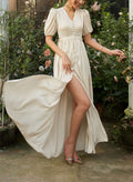 A-Line V-neck Vintage Silk like Satin Wedding Dresses With Split Front