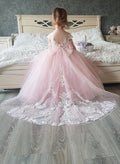 Ball-Gown Illusion Neck Sweep Train Lace/Tulle Flower Girl Dresses With Bow(s)