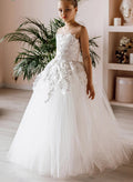Ball-Gown Illusion Neck Princess Tulle Flower Girl Dresses With Appliques Lace