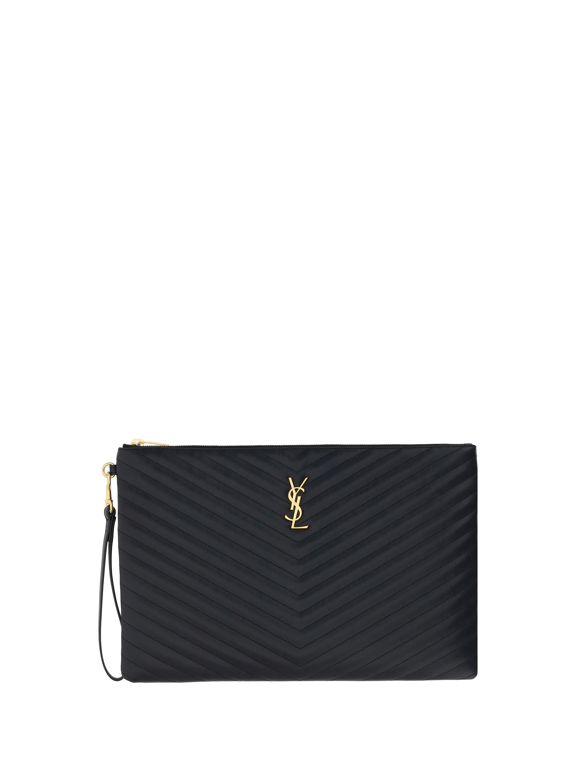 Saint Laurent Matelassé Leather Clutch — Black