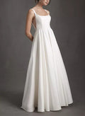 A-Line Square Neckline Sleeveless Sweep Train Satin Wedding Dresses