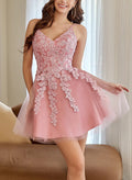 A-Line V-Neck Sleeveless Short/Mini Tulle Homecoming Dresses With Appliques Lace