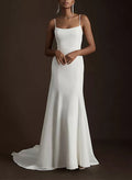 Sheath/Column Square Neckline Satin Wedding Dresses With Appliques Lace