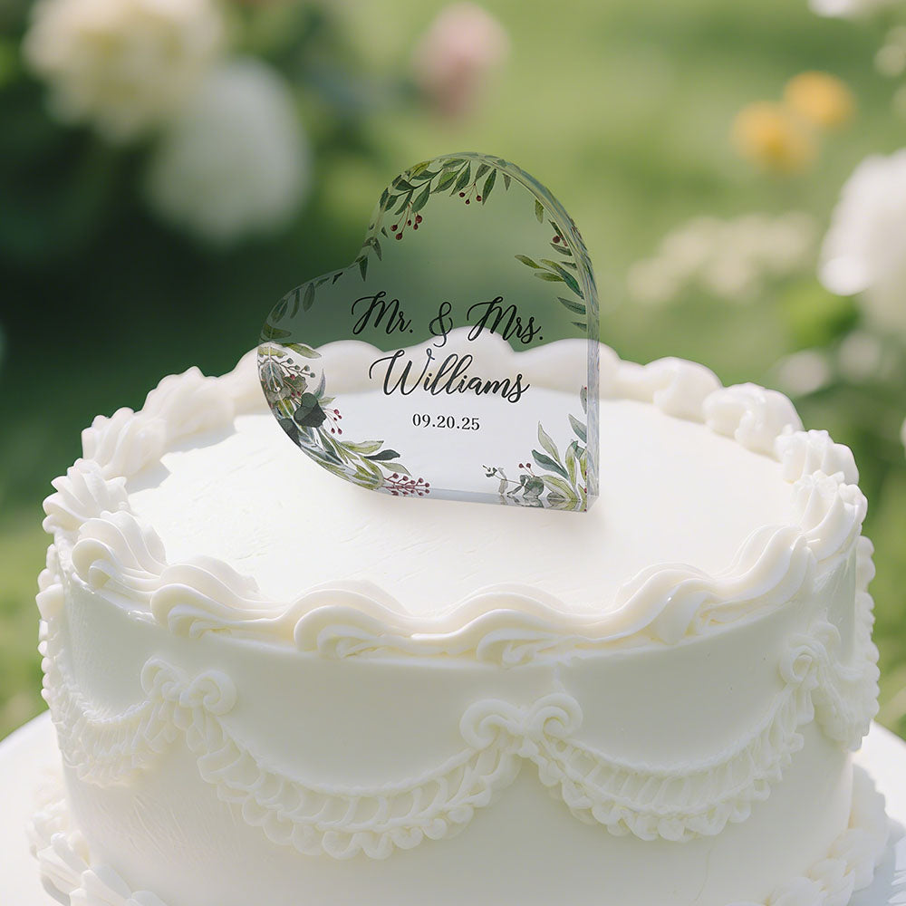 Hojas de eucalipto personalizadas Corazón de acrílico decoración de la torta de la boda con el apellido de la pareja y la fecha de la boda regalo para la novia