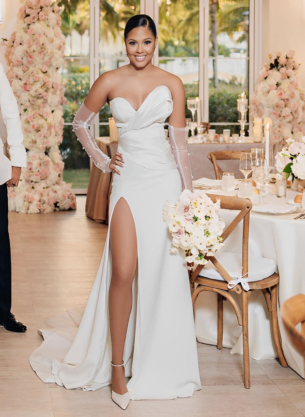Sheath Sleeveless Sweep Train Satin Wedding Dresses With Split Front