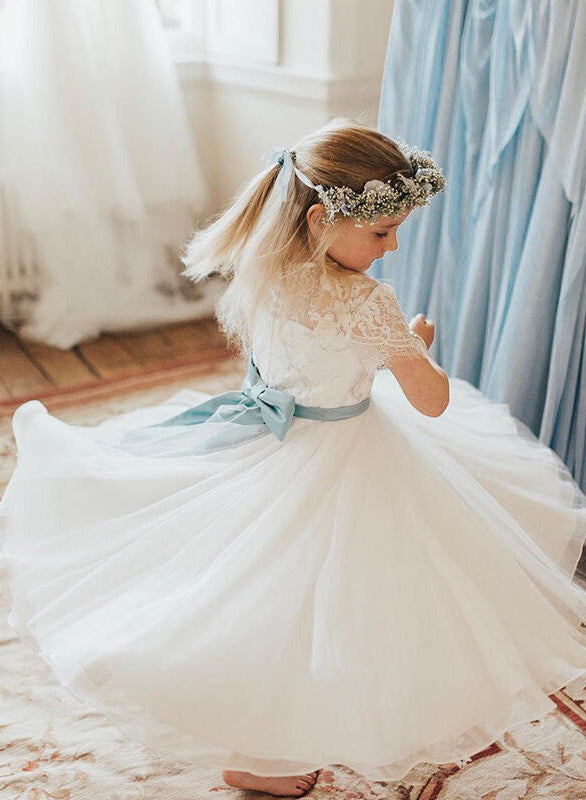 A-Line Lace Tulle Ankle-Length Flower Girl Dresses With Bow