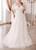 Plus Size Elegant Lace A-Line Wedding Dresses With Illusion Neck Short Sleeves